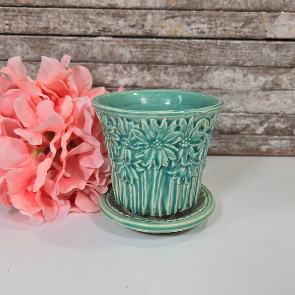 McCoy 4" Daisy Turquoise Blue Green Planter, 1940s McCoy Daisies Flowerpot, Vintage American Art Pottery