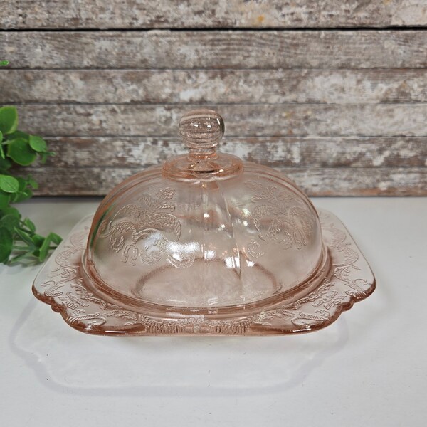 Pink Depression Glass Round Covered Butter Dish, Vintage Pressed Glass Butter Dish.