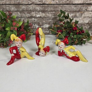 Figurines, Children in Bunny Pajamas, Vintage Made in Japan, Red and Yellow Harlequin/Jester Costumes Set of 3.