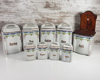 Canister Set With Salt Box, Made In Germany, Vintage Porcelain Spice and Canister Set. 4 Canisters, 4 Spice, and Salt Keeper.