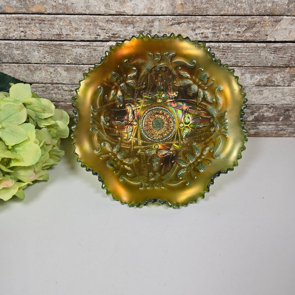 Northwood Carnival Glass, Antique Green Wishbone Footed Bowl, Ruffled Edge, Ruffles and Rings Back, Early 1900's