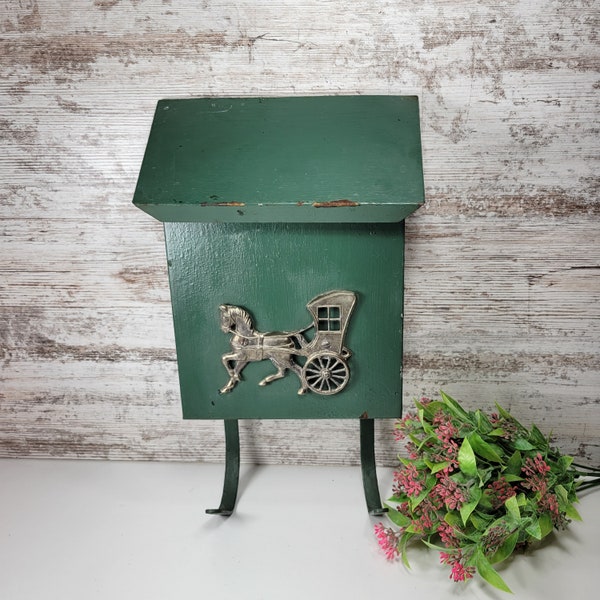 Mailbox, VintageGreen Wall Mount Mailbox with Paper Holder, Horse and Buggy Decor.