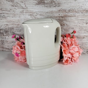 Hall China Company Vintage Water Pitcher, White Deco 1940's Covered Refrigerator Pitcher
