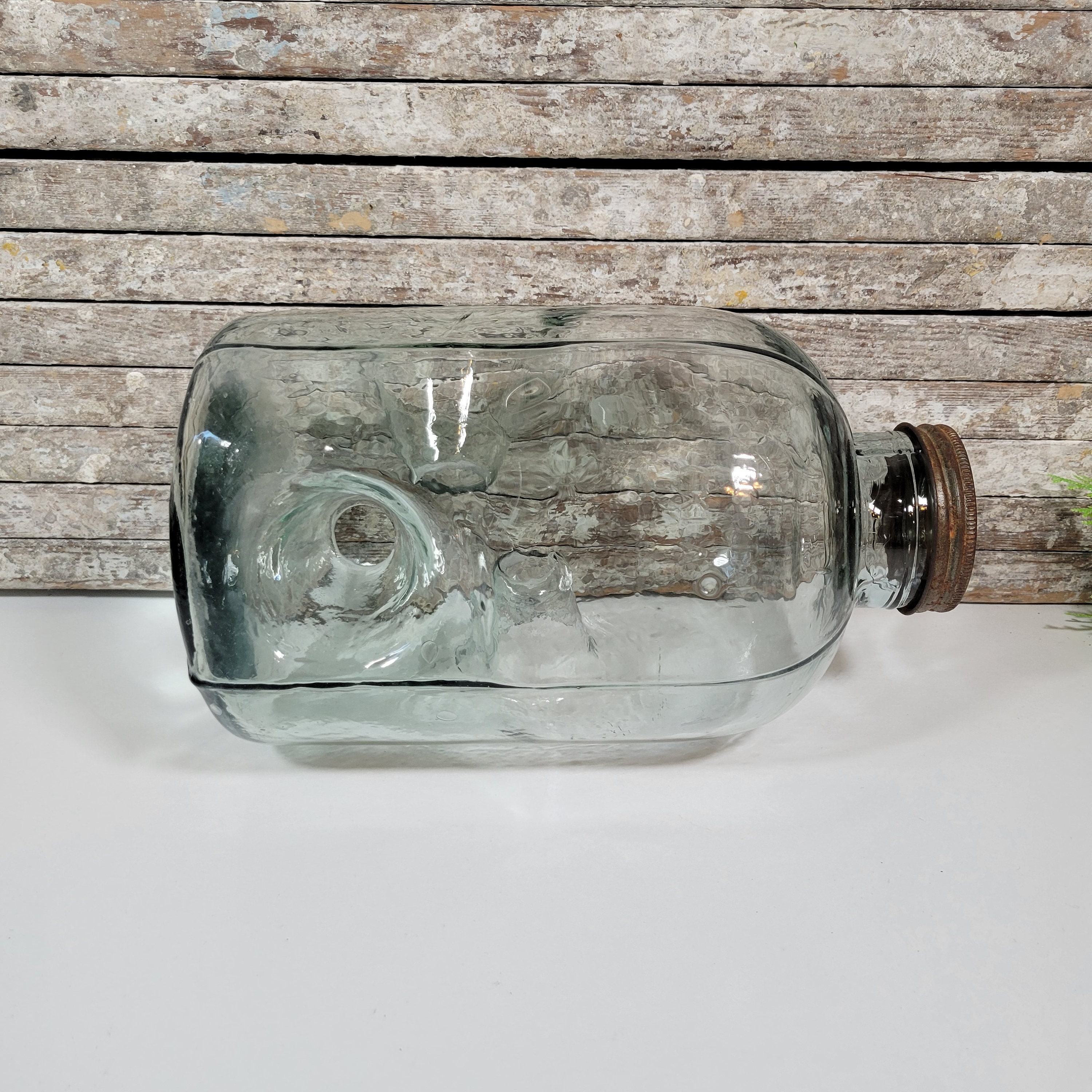 Vintage Carl Camp 3-Hole Glass Minnow Trap Checotah, Okla. Pat Pending.  Light Blue/Green 1950's