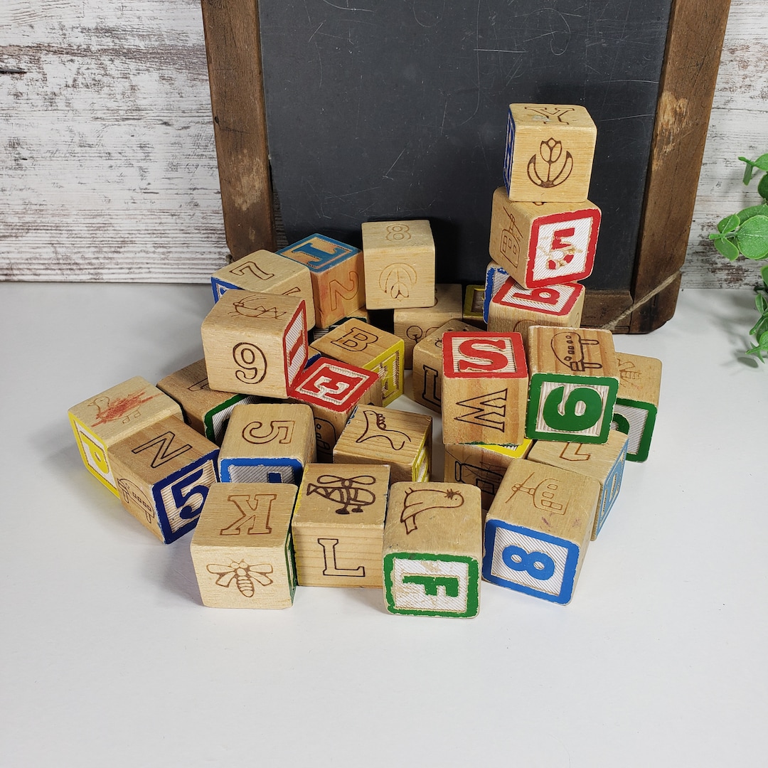 64 Wood ABC Blocks, Vintage Childs Building Blocks, Craft Supplies