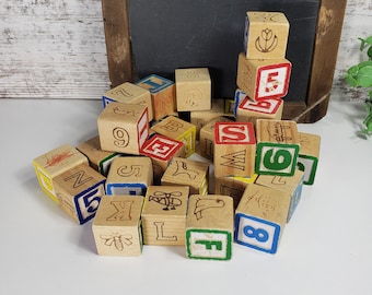 64 Wood ABC Blocks, Vintage Childs Building Blocks, Craft Supplies, Alphabet Blocks