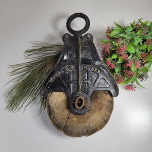 Vintage Barn Pulley, Primitive Wood and Iron Block, Industrial Salvage, Black with Gold Lettering.