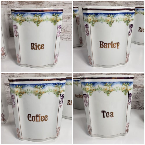 Canister Set With Salt Box, Made In Germany, Vintage Porcelain Spice and Canister Set. 4 Canisters, 4 Spice, and Salt shops Keeper.
