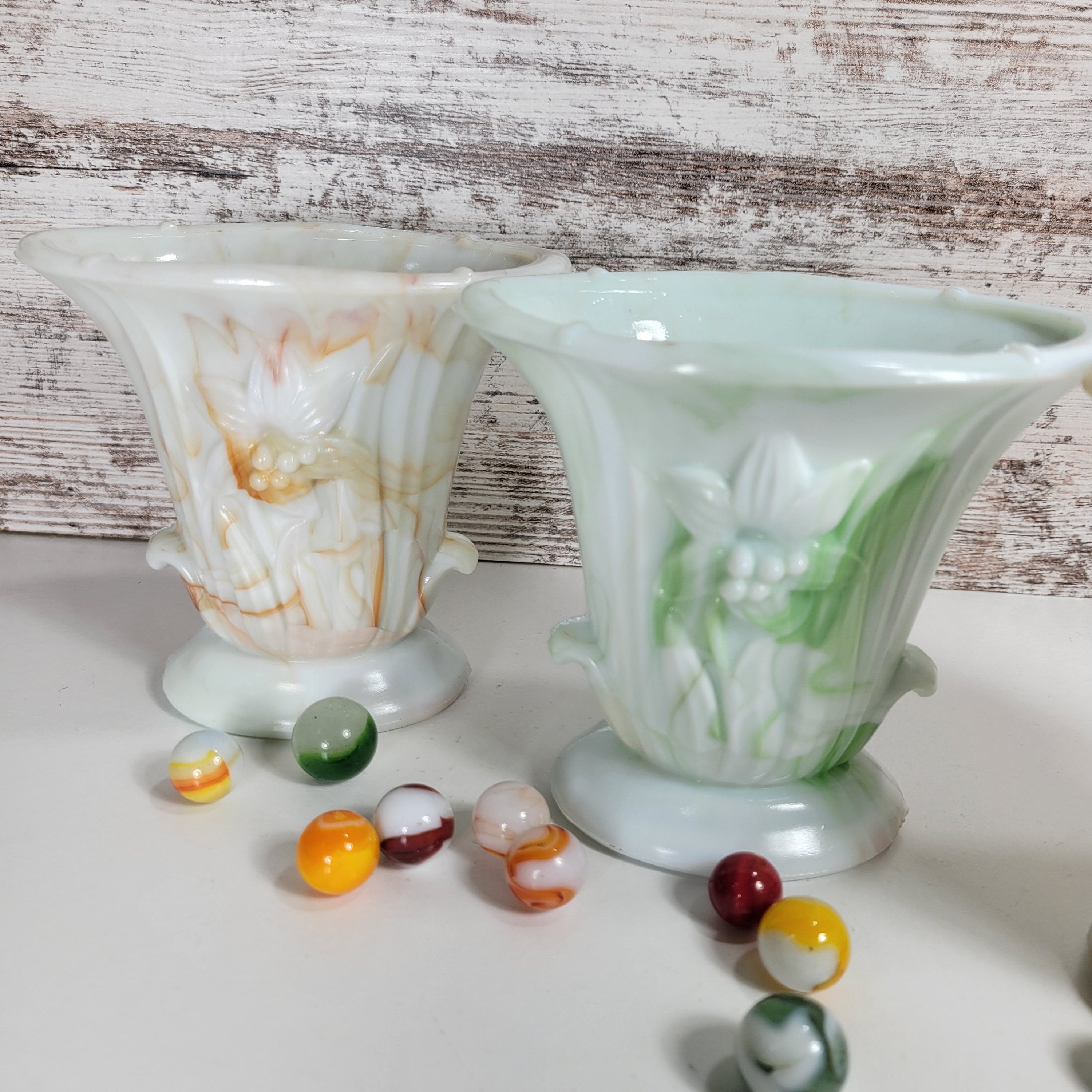 3 Akro Agate Slag Glass Vase Vintage Lilly Floral Pattern. Etsy