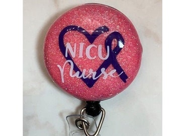 NICU Nurse, Retractable ID Badge, Nurse badge, Custom Badge Holder, Nurse Gift, glitter badge reel, NICU heart, purple heart, baby feet