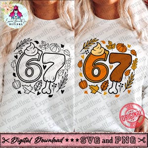 Peut inclure: T-shirt blanc à manches longues avec un motif graphique du chiffre 67, une cuisse de dinde, des citrouilles et des feuilles d'automne. Le design est disponible en téléchargement numérique aux formats SVG et PNG.