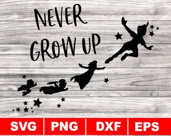 Never grow up svg, Silhouette peter pan svg, Téléchargement numérique, Never land svg, Silhouette Fairy svg, Flying svg, stars svg