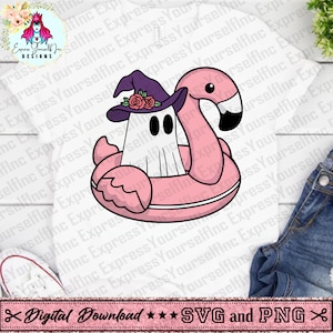 Witch Ghost on a Pool Floaty SVG, Flamingo Pool Float svg, Ghost on a Floating Flamingo Inflatable Ring, Halloween svg, Ghost Svg, Witch svg