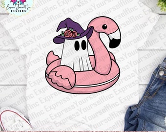 Witch Ghost on Flamingo Pool Floaty svg, Trendy Halloween Clipart, witch hat, Digital Download