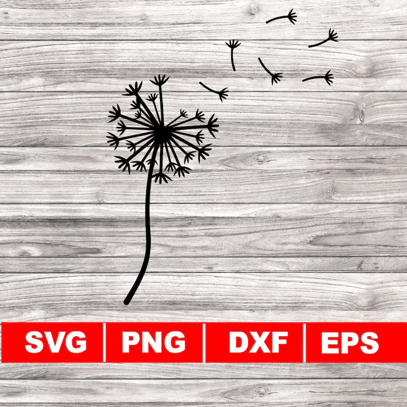 K&ouml;nnte beinhalten: Schwarze Silhouette eines L&ouml;wenzahns mit Samen, die im Wind fliegen, auf einem Holzmaserungshintergrund.  SVG, PNG, DXF, EPS.