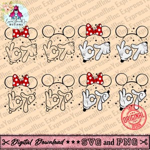 Op de afbeelding: Digitale download met Mickey Mouse-geïnspireerde ontwerpen. De afbeelding bevat meerdere illustraties van Mickey Mouse-hoofden met rode stippen strikken, handen die het "OK"-gebaar maken en het nummer "7". Het ontwerp bevat ook de tekst "Digital Download SVG and PNG".