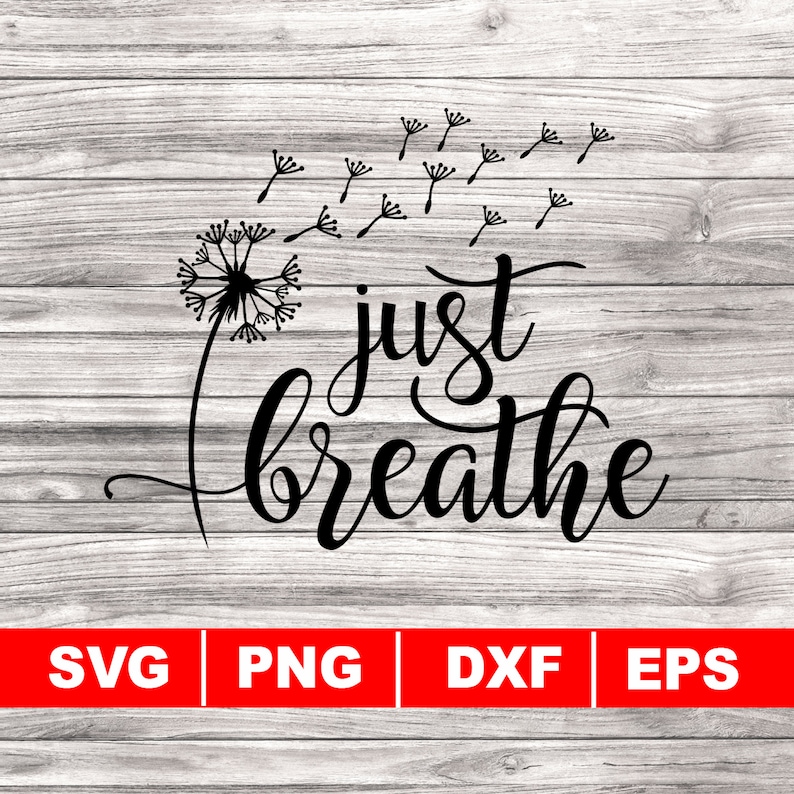 K&ouml;nnte beinhalten: Schwarzwei&szlig;es Grafikdesign mit einem L&ouml;wenzahnpflasterstein, dessen Samen wegfliegen, und dem Text "just breathe".