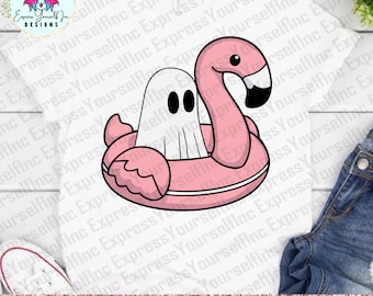 Ghost on Flamingo Pool Floaty svg, Summerween clipart, Trendy Halloween clipart, Digital Download