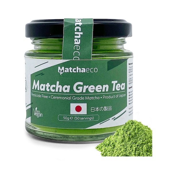 Matchaéco 50g Matcha Grüntee Pulver | Ceremonial Grade Aus Japan | Pestizidfrei | Recycelbares Glas und Deckel | Geschenkideen zum Backen |