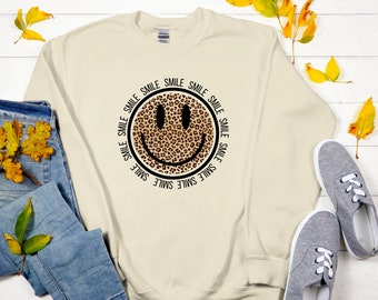 Leopard Print Smiley Face Sweatshirt, Y2K Sweatshirt, Y2K