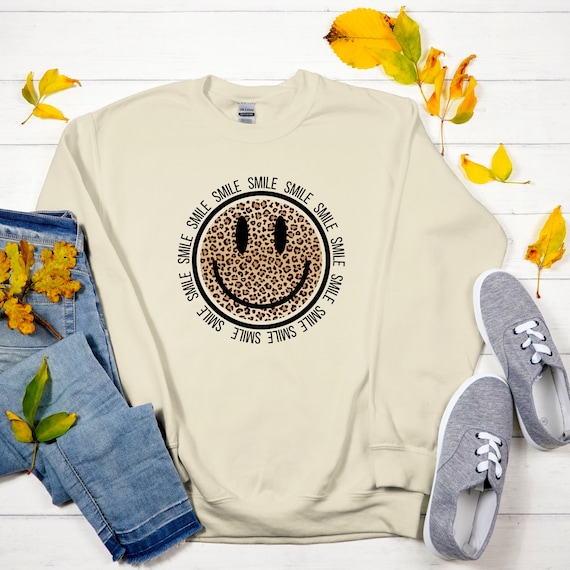 Leopard Print Smiley Face Sweatshirt, Y2K Sweatshirt, Y2K