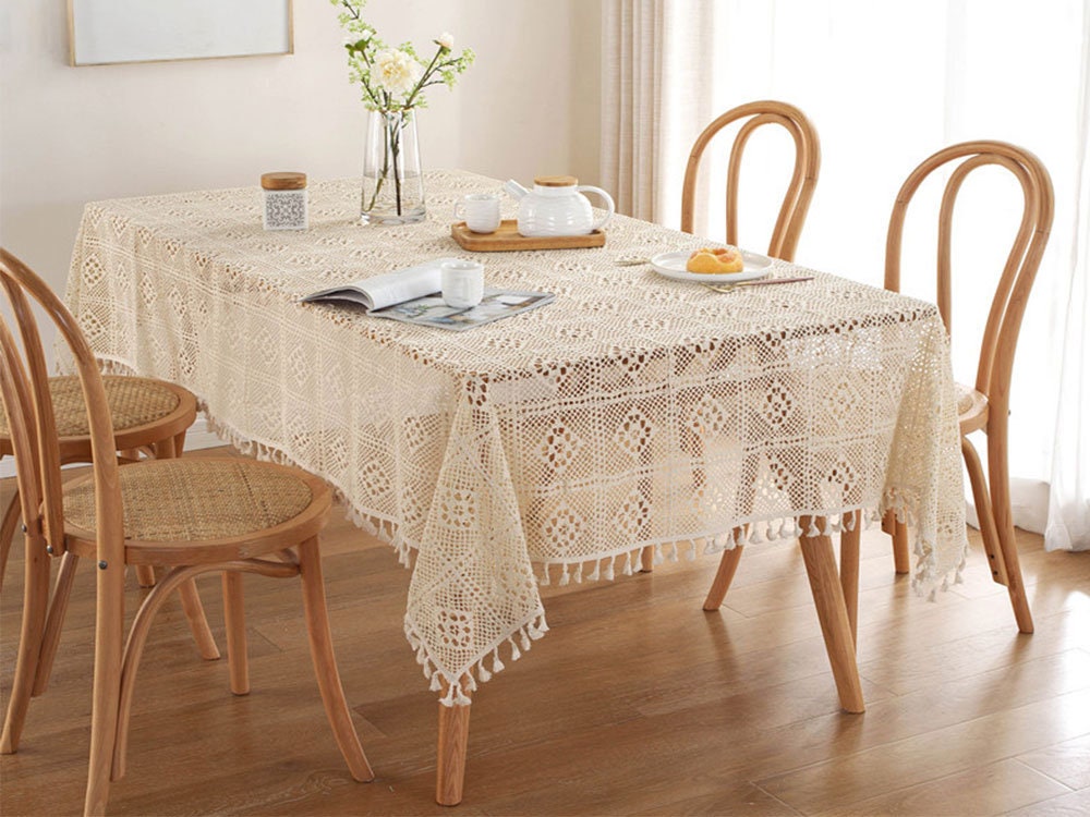Hand Crochet Cotton Table Runner Vintage Lace Boho Table Doily with Tassel Beige 