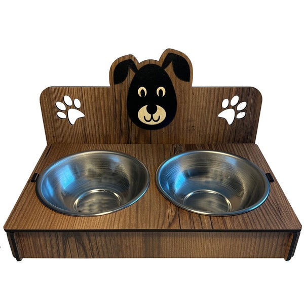 Elevated Dog and Cat Slanted Bowls Food Stand, 15 Degree Tilted Feeding Position, Walnut Wooden Decor, Raised Small Pet Puppy Station