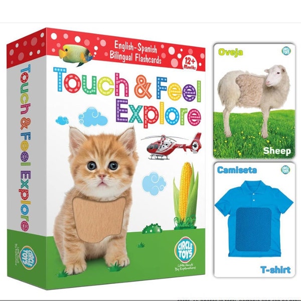 Touch and Feel English Spanish Bilingual Picture Sensory Flash Cards, Learn Animals, Fruits, Objects, Vehicles, Fun Educational Flashcards