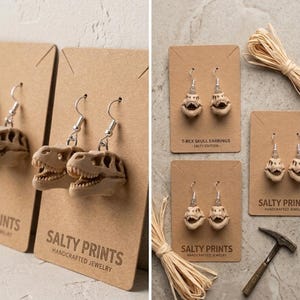 T-Rex Skull Fossil Earrings | 3D Printed Dinosaur Skeleton Jewelry, Realistic Paleontology Gift, Unique Geeky Dangle Earrings, Teacher Gift