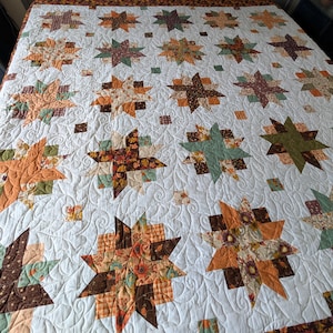 May include: A quilt featuring a repeating star pattern in shades of orange, brown, green, and cream. The white background fabric is quilted with a continuous swirling pattern. The border displays a dark brown fabric with a colourful autumn leaf print.