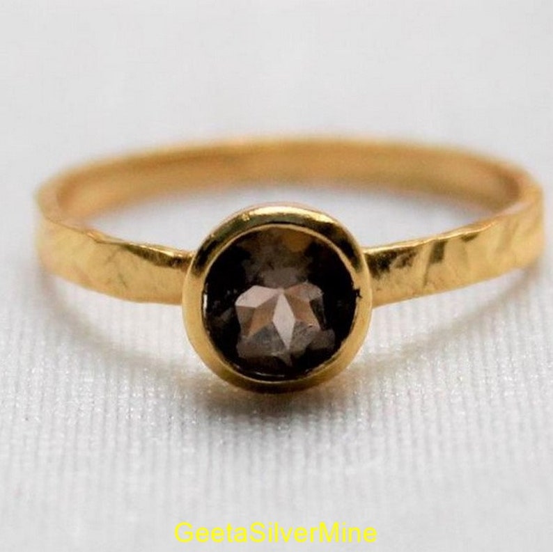 Dainty Ring Smokey Quartz Gemstone. Smoky Quartz Ring Handmade Ring Gold Plated Promise Ring 925 Sterling Silver Ring Stacking Ring