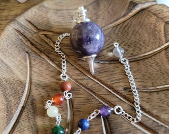 Amethyst Sephoroton Pendulum, Amethyst Pendulum with 7 Chakra Gemstones, Dowse Pendulum, Pendulum Crystal, Crystal Pendulum