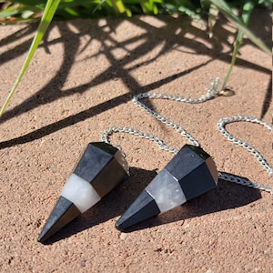 Tourmaline and White Agate Pendulum, Dowsing Pendulum, Divining Pendulum, Reiki Healing, Chakra Clearing, Black Tourmaline Pendulum