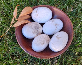 May include: Five white oval-shaped stones with brown markings are arranged in a wooden bowl. The bowl is sitting on a bed of green grass.