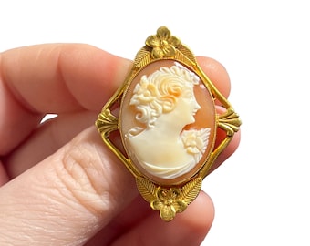 Vintage Gold Filled Cameo Pendant Brooch Circa 1930’s-1940’s - Vintage Cameo Necklace of Beautiful Woman - Carved Shell Cameo Pendant