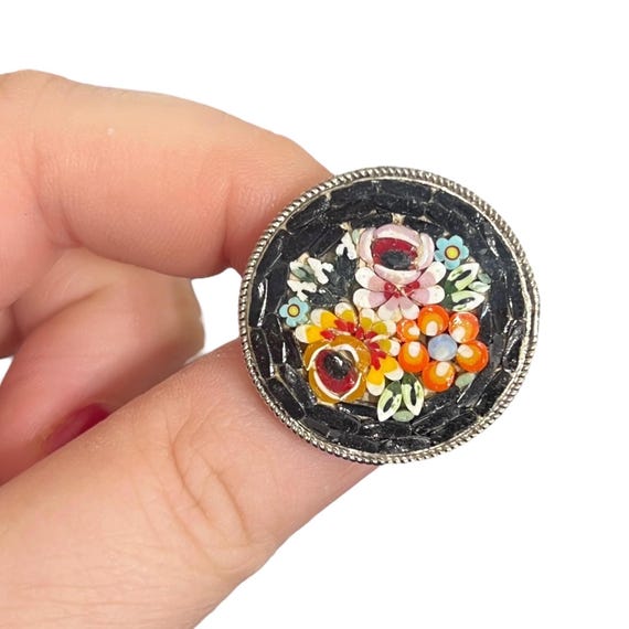 Vintage Italian Micro Mosaic Brooch- Italian Millefiori Brooch - Italian Mosaic Brooch - Round Mosaic Brooch - Black Mosaic Flower Brooch