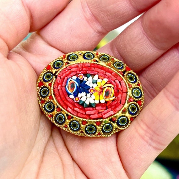 Vintage Italian Micro Mosaic Brooch. Oval Gold Italian Micro Mosaic Brooch. Italian Mosaic Brooch. Oval Mosaic Brooch. Vintage Mosaic.