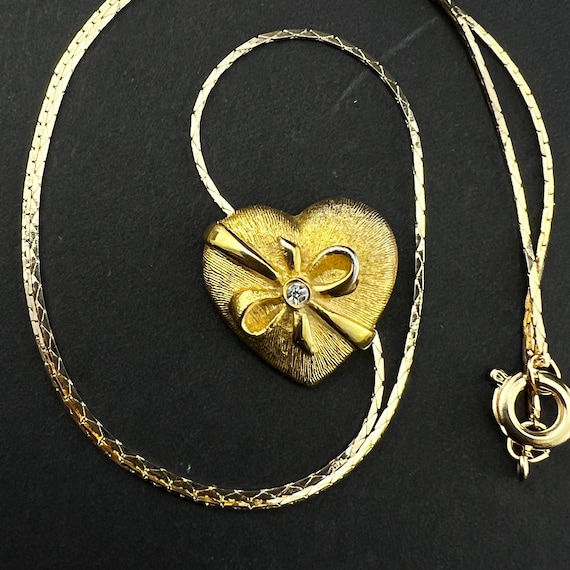 Gold Heart Bow Pendant on Chain. Vintage Gold Hea… - image 1