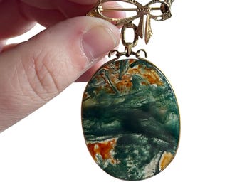 Broche victorienne avec pendentif en agate mousse vers 1900 - broche agate écossaise victorienne - broche ancienne en agate écossaise - grande broche en agate mousse