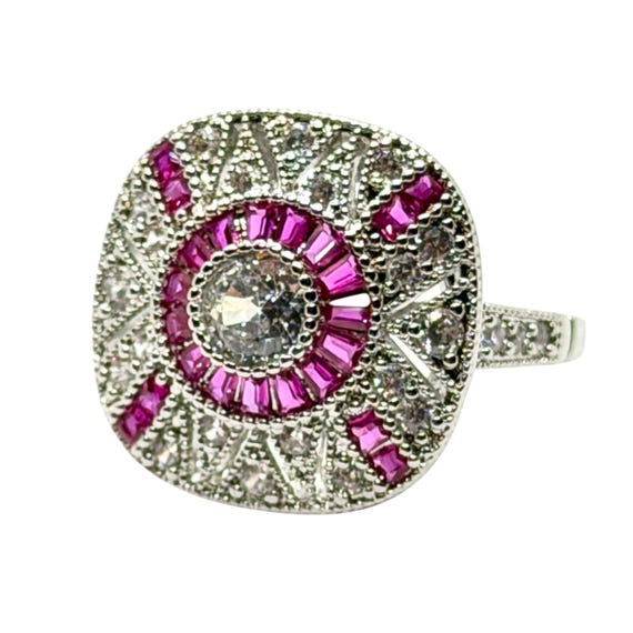 Art Deco Style Filigree Ruby Ring - Size 6 Art Deco Pavé Ruby Ring - Art Deco Filigree Ruby Ring - Art Deco Silver Plated Ruby Ring