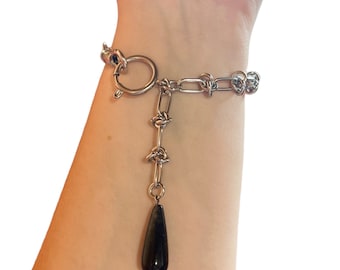 Corrente de relógio de bolso de aço inoxidável com nó e pedra preta. Corrente de pulseira de arame farpado. Corrente de relógio de prata masculina. Corrente de relógio de motociclista.