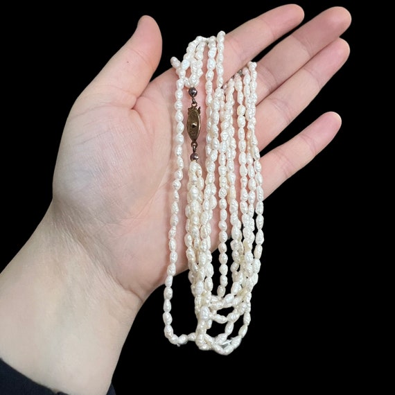 24” Rice Pearl Toursade Necklace. Bronze Tone Cla… - image 3