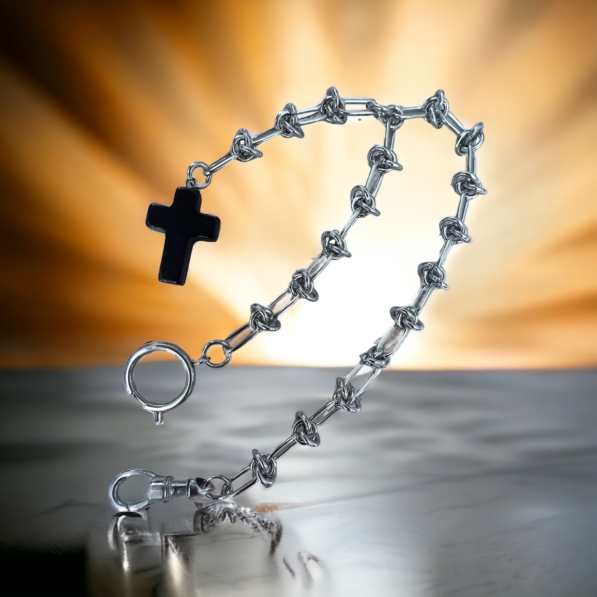 Jesus Crown of Thorns Watch Chain With Black Cross Watch Fob