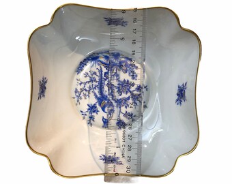 Floral China. Limoges Peacock Pattern Blue Gold & White Square Dish porcelain bird detailed scalloped Made in France