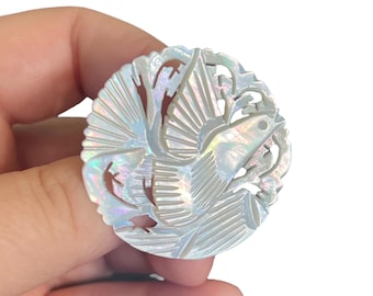 Ancienne Broche Vintage En Nacre Sculptée - Motif Lune Et Étoile - Bijou D'occasion