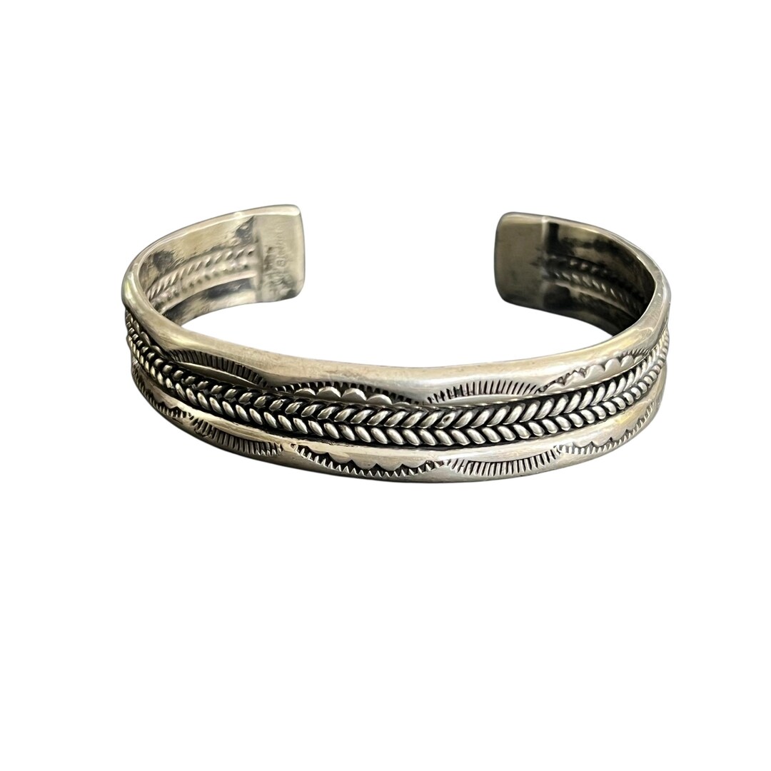 Signed Fred Maloney Navajo Sterling Silver Bracelet - FM Native