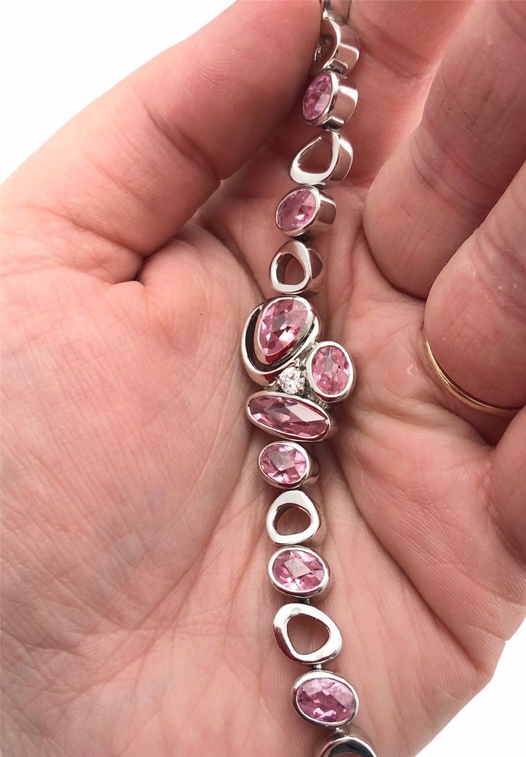 Bracelet Perles De Verre Rose Avec Clip Love « Fleur Rose » - Cuir Et Métal Argenté