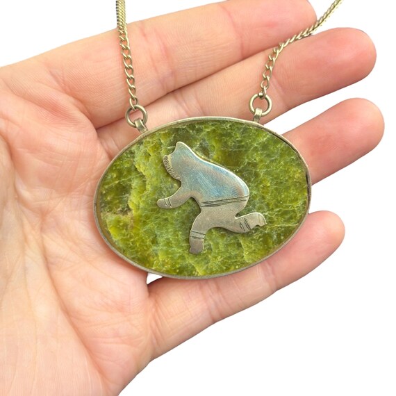 Inuit Sterling Silver Serpentine Pendant - Inuit Sterling Silver Inukshuk Pendant - Canadian Serpentine Pendant - Handmade Inuk Jewelry