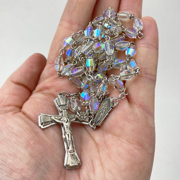 Vintage Aurora Borealis Cut Glass Rosary Silver Tone Metal. Roman Catholic, religion, god, church, antique, white, antique, Jesus,