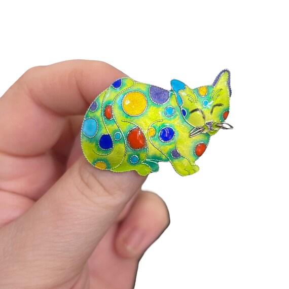 Vintage Sterling Silver Enamel Cat Brooch - Rainbow Spotted Car Brooch - Cat Lover Gift - 925 Enamel Cat Brooch - Psychadelic Cat Brooch